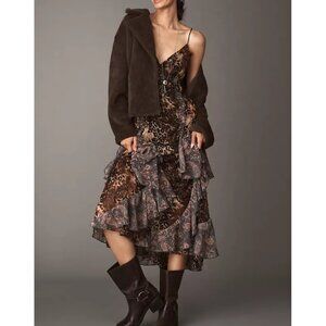 Anthropologie Ruffled Chiffon Maxi Dress Womens S Leopard Whimsy Boho Chic Y2K